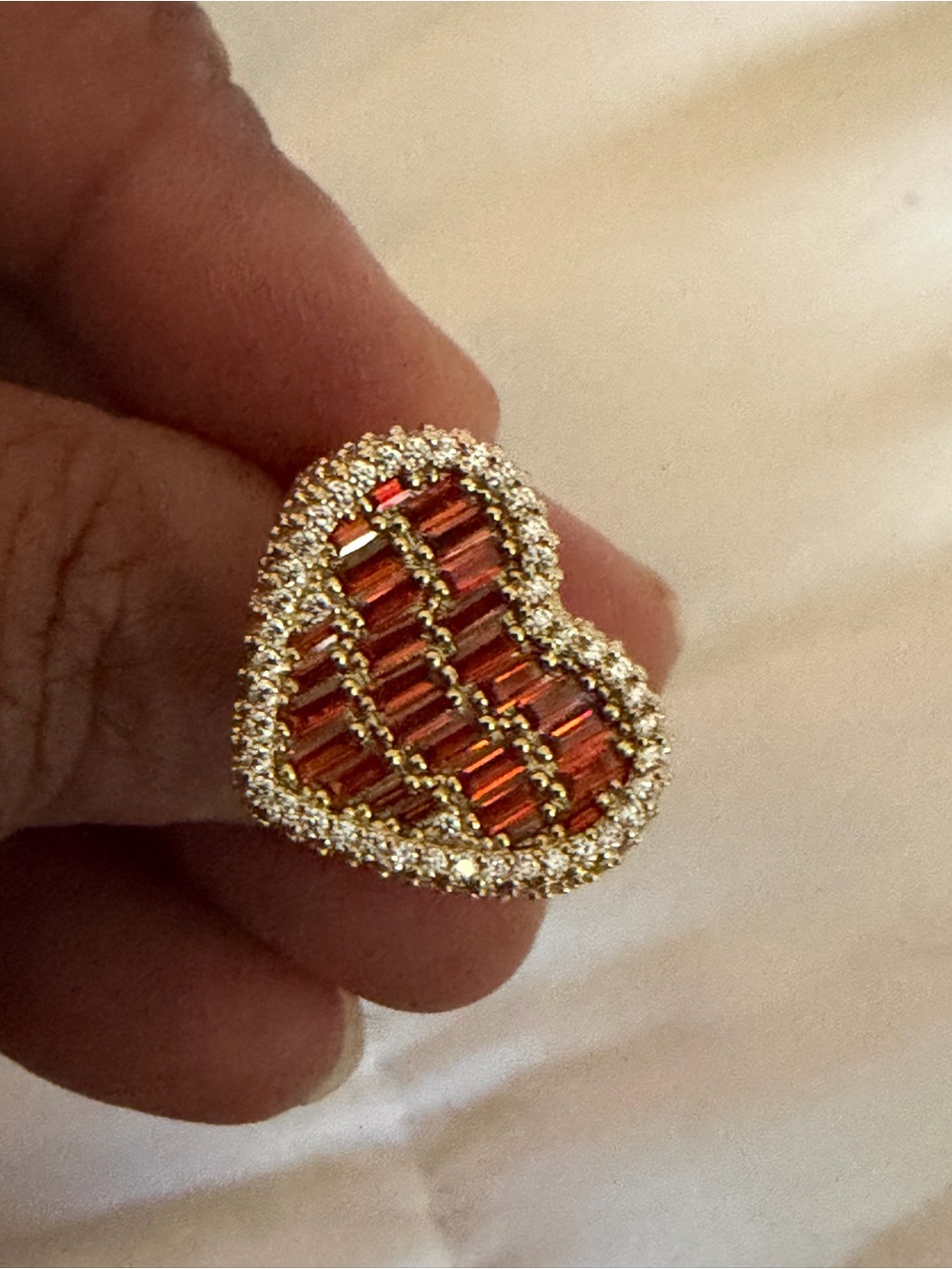 Gold-Tone Heart Ring with Red Crystal Inlay